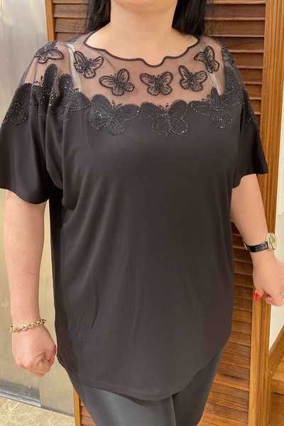 Bluză de damă cu ridicata model fluture cu detaliu din tul - 77514 | Kazee - Thumbnail