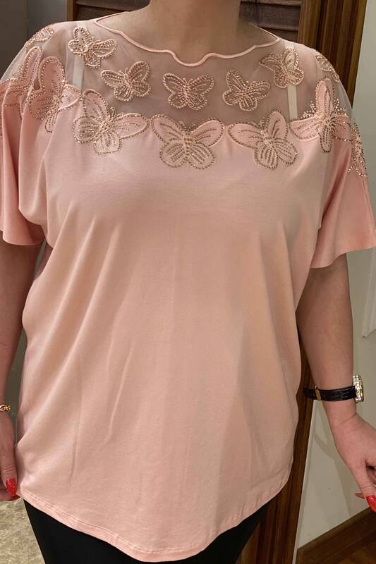 Bluză de damă cu ridicata model fluture cu detaliu din tul - 77514 | Kazee