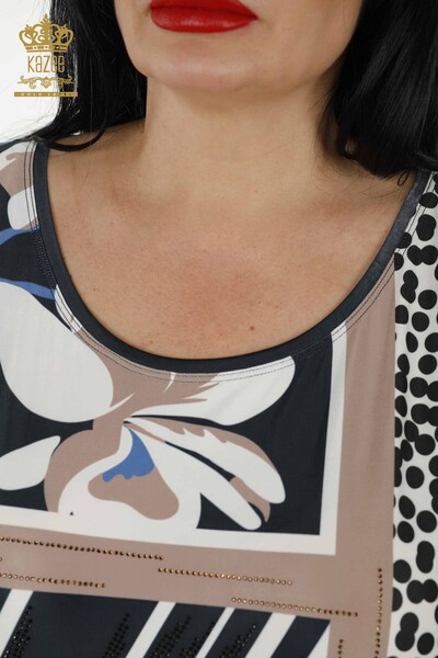 Bluză cu mânecă scurtă pentru femei albastru bleumarin - 12043 | KAZEE - Thumbnail