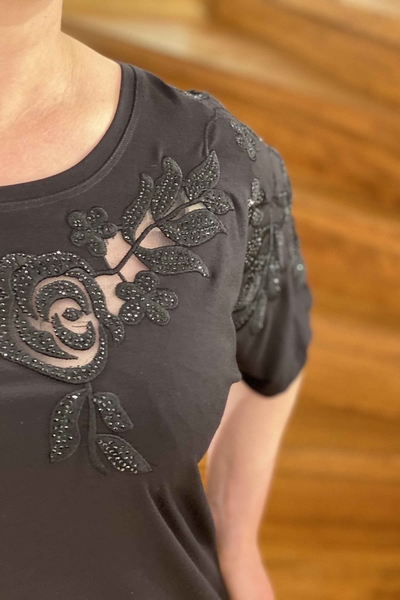 Bluză de damă cu ridicata cu detaliu din tul și broderie cu piatră - 77456 | Kazee - Thumbnail