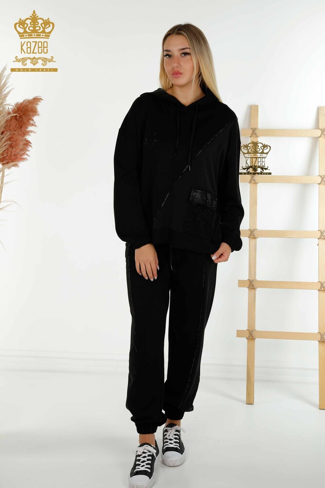 Set de trening pentru femei negru cu broderie cu piatra - 17575 | KAZEE - 1