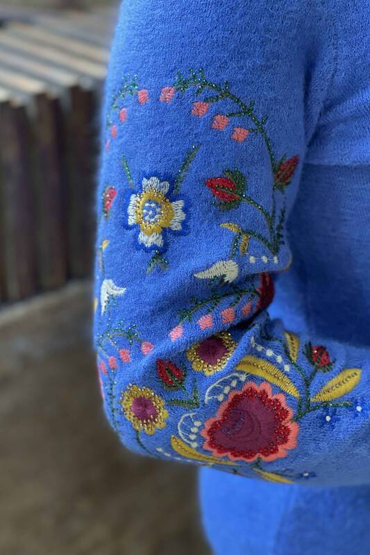 الوقوف الياقة الدائمة سترة نسائية تريكو الأزهار أنجورا - 18868 | كازي
