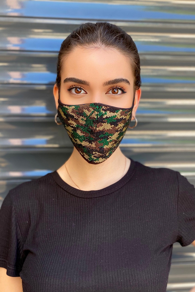 Kazee - Toptan Kadın Maske Askeri Desenli Taş İşlemeli - 391 | KAZEE