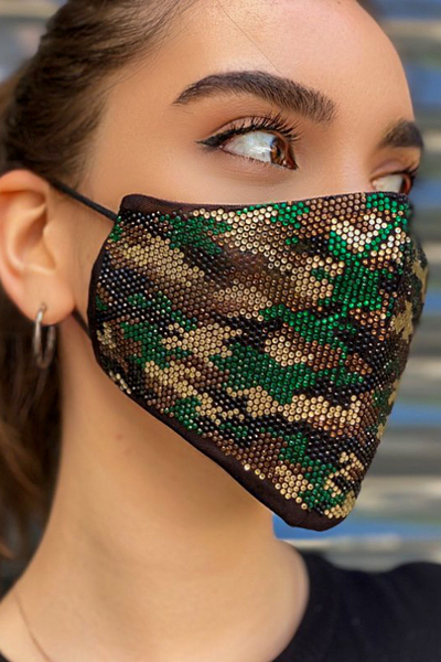 Toptan Kadın Maske Askeri Desenli Taş İşlemeli - 391 | KAZEE - Thumbnail