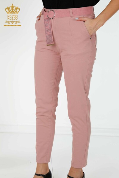 بنطلون جينز نسائي مع جيوب حزام وردة مجففة - 3498 | kazee - Thumbnail