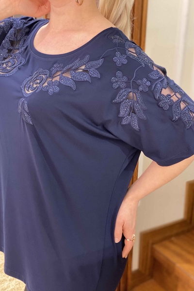 Toptan Kadın Bluz Tül Detaylı Taş Nakışlı - 77456 | Kazee - Thumbnail