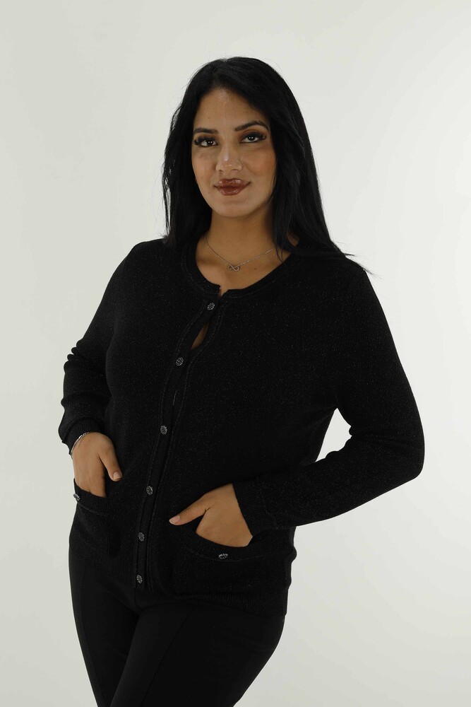 Crew Neck Glittery Knitted Cardigan Black - 30039 | KAZEE - 3