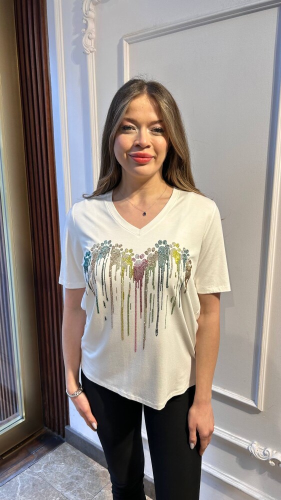 بلوزة - بياقة على شكل حرف V - بيضاء - 80131 | كازي (طقم من 3 قطع بمقاسات M-L-XL) - 1