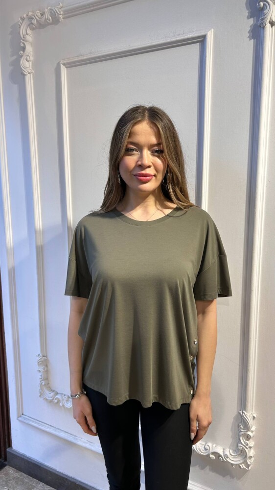 بلوزة - تفاصيل أزرار - كاكي - 79998 | كازي (طقم من 3 قطع M-L-XL) - 1