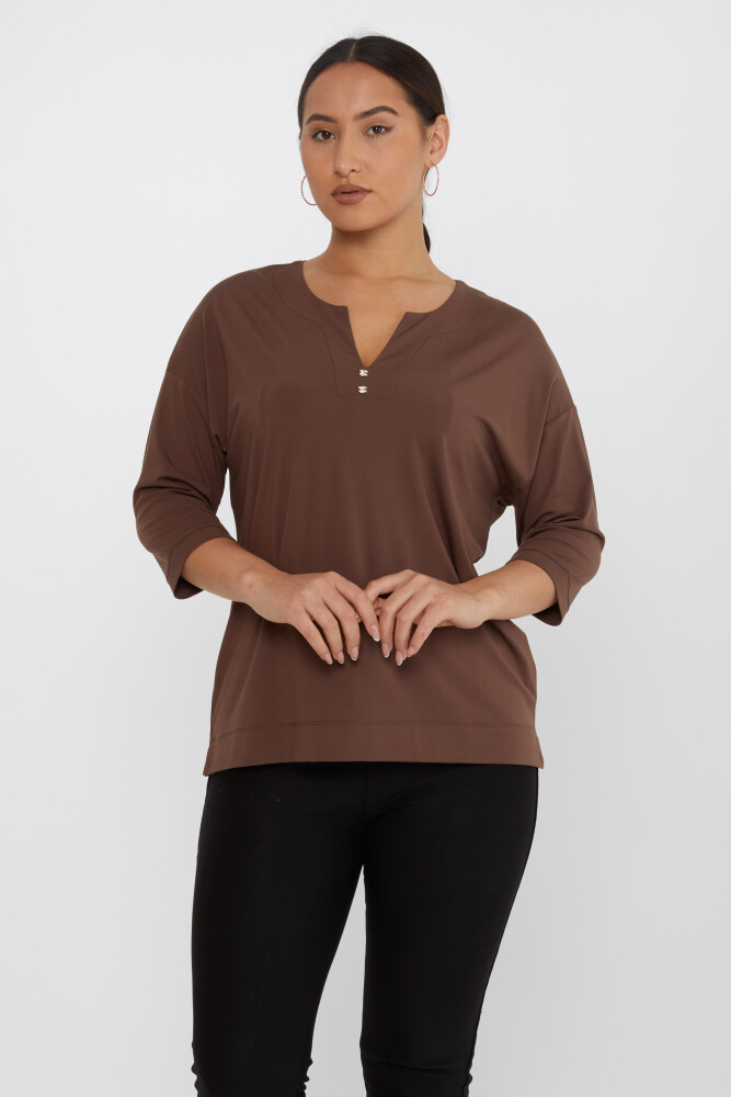 بلوزة بفتحة رقبة على شكل حرف V باللون البني - 80029 | كازي (مجموعة من 3 مقاسات L-XL-2XL) - 1