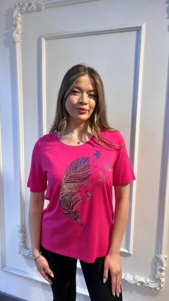 بلوزة - ملونة - مزينة بالأحجار - فوشيا - 80126 | كازي (طقم من 3 قطع M-L-XL) 