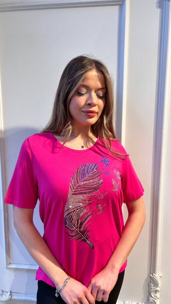 بلوزة - ملونة - مزينة بالأحجار - فوشيا - 80126 | كازي (طقم من 3 قطع M-L-XL) - 2