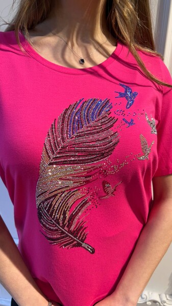 بلوزة - ملونة - مزينة بالأحجار - فوشيا - 80126 | كازي (طقم من 3 قطع M-L-XL) - 3