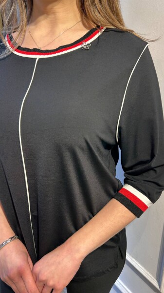 بلوزة سوداء بتفاصيل مخططة - 80074 | كازي (طقم من 3 قطع L-XL-2XL) - 2