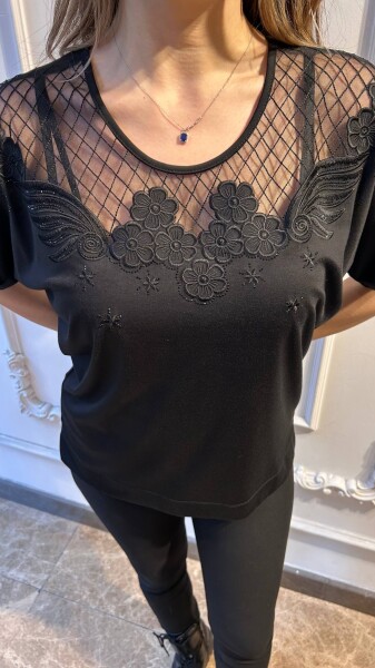 بلوزة - تفاصيل من التول - أسود - 80022 | كازي (طقم من 3 قطع M-L-XL) - 3