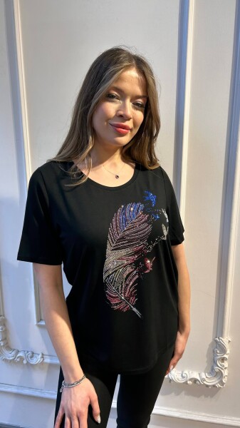 بلوزة - ملونة - مزينة بالأحجار - سوداء - 80126 | كازي (طقم من 3 قطع M-L-XL) - 2