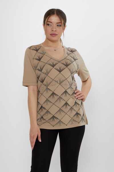 بلوزة بياقة على شكل حرف V بيج - 80086 | كازي (مجموعة من 3 مقاسات L-XL-2XL) - Kazee (1)