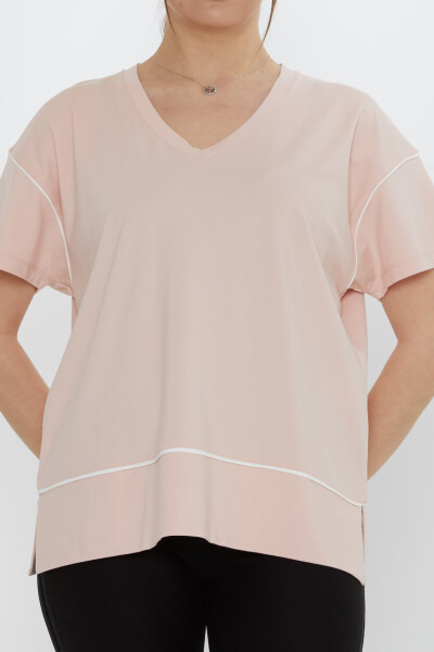 بلوزة بياقة على شكل حرف V، لون بودرة - 80002 | كازي (مجموعة من 3 قطع، مقاسات M-L-XL) - 3