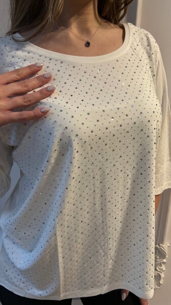 بلوزة - مرصعة بالكريستال والأحجار - بيضاء - 80040 | كازي (طقم من 3 قطع L-XL-2XL) - 2