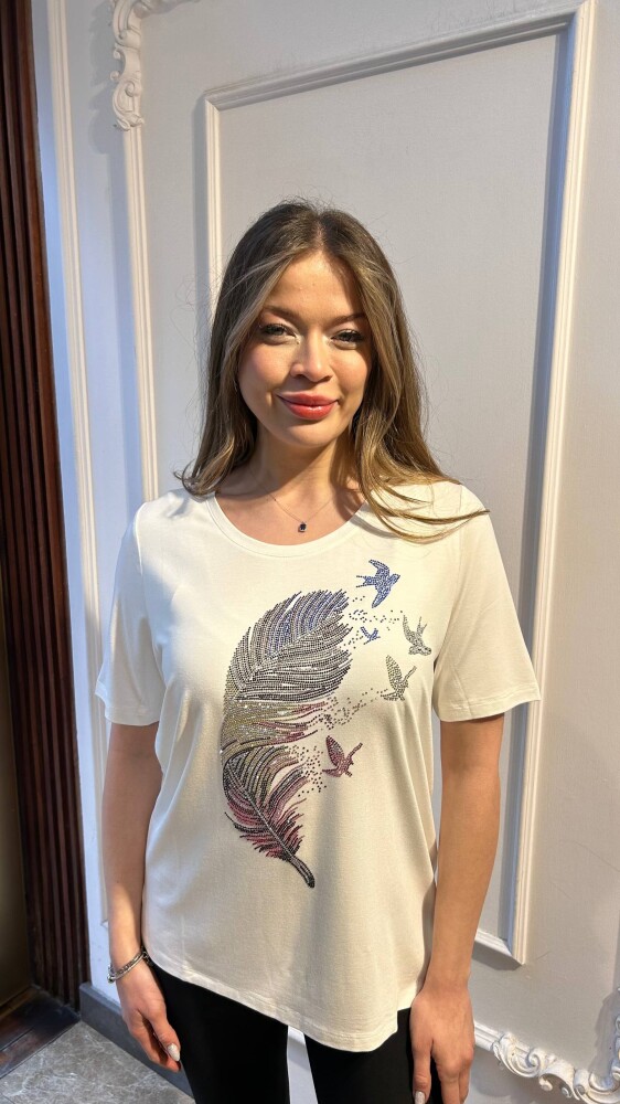 بلوزة - ملونة - مزينة بالأحجار - بيضاء - 80126 | كازي (طقم من 3 قطع M-L-XL) - 1