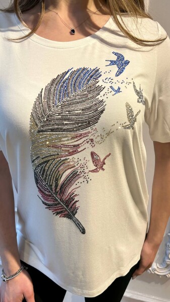 بلوزة - ملونة - مزينة بالأحجار - بيضاء - 80126 | كازي (طقم من 3 قطع M-L-XL) - 3