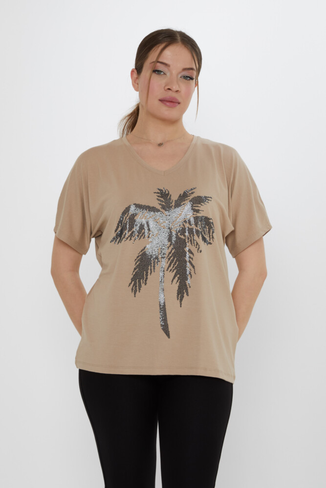 بلوزة بنقشة أشجار النخيل، بيج - 79957 | كازي (مجموعة من 4 قطع S-M-L-XL) - 1