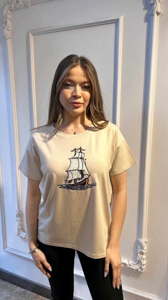 بلوزة بيج بنقشة رقبة دائرية - 80245 | كازي (طقم من 3 قطع L-XL-2XL) - 1