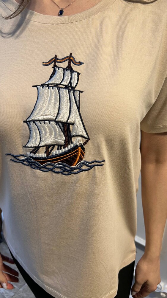 بلوزة بيج بنقشة رقبة دائرية - 80245 | كازي (طقم من 3 قطع L-XL-2XL) - 2