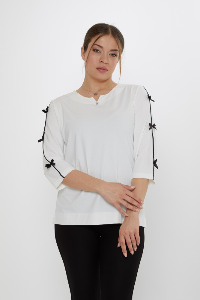 بلوزة بأكمام مزينة بفيونكة - لون بيج فاتح - 80051 | كازي (مجموعة من 3 مقاسات L-XL-2XL) - 1