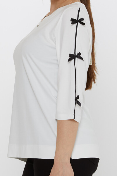 بلوزة بأكمام مزينة بفيونكة - لون بيج فاتح - 80051 | كازي (مجموعة من 3 مقاسات L-XL-2XL) - 4