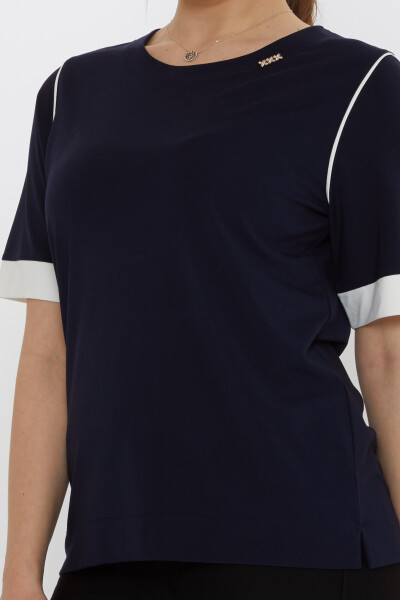 بلوزة بياقة دائرية باللون الأزرق الداكن - 80028 | كازي (مجموعة من 3 مقاسات M-L-XL) - 5