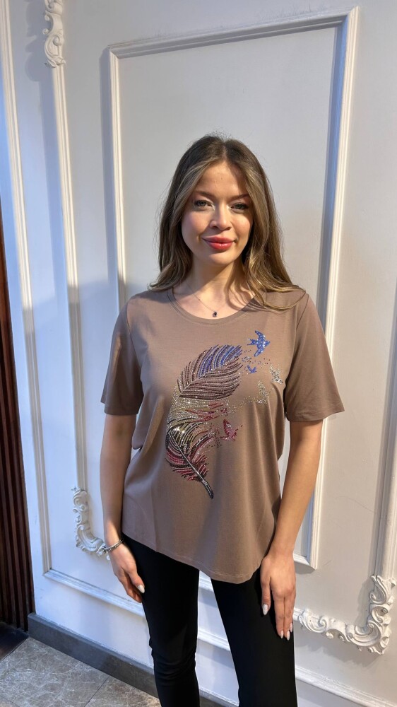 بلوزة - ملونة - مزينة بالأحجار - بيج - 80126 | كازي (طقم من 3 قطع M-L-XL) - 1