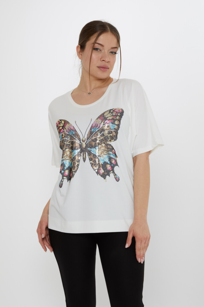 بلوزة بنقشة الفراشة - لون بيج فاتح - 80046 | كازي (مجموعة من 3 مقاسات L-XL-2XL) - 1