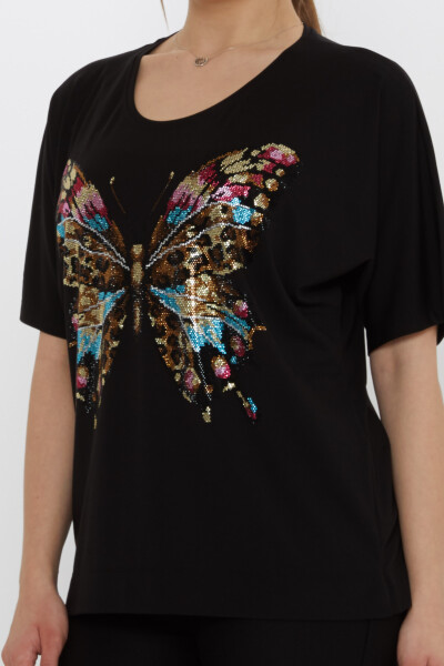 بلوزة بنقشة فراشة باللون الأسود - 80046 | كازي (مجموعة من 3 مقاسات L-XL-2XL) - 5