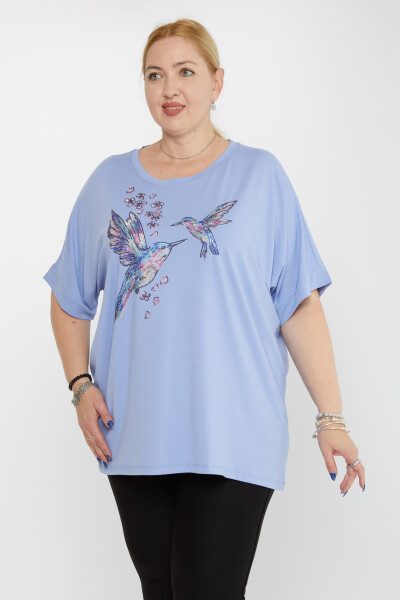 بلوزة بنقشة طيور باللون الأزرق - 79948 | كازي (مجموعة من 4 مقاسات M-L-XL-2XL) 