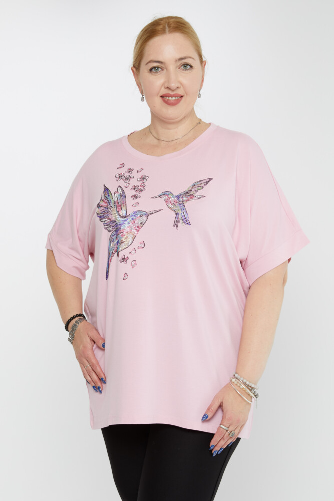 بلوزة بنقشة طيور باللون الوردي الفاتح - 79948 | كازي (مجموعة من 4 مقاسات M-L-XL-2XL) - 1