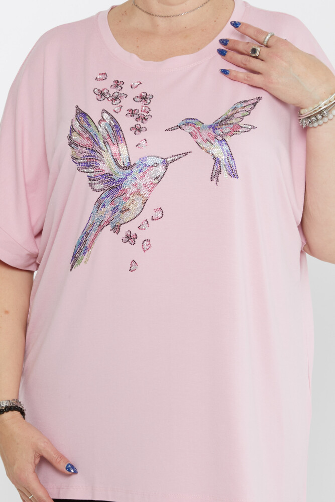 بلوزة بنقشة طيور باللون الوردي الفاتح - 79948 | كازي (مجموعة من 4 مقاسات M-L-XL-2XL) - 2