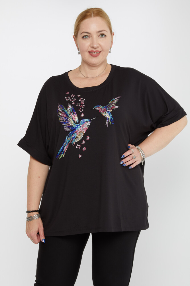 بلوزة منقوشة بطيور باللون الأسود - 79948 | كازي (مجموعة من 4 مقاسات M-L-XL-2XL) - 1