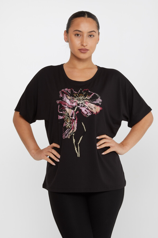 بلوزة مطرزة بأحجار ملونة باللون الأسود - 79634 | كازي (مجموعة من 4 مقاسات M-L-XL-2XL) - 1