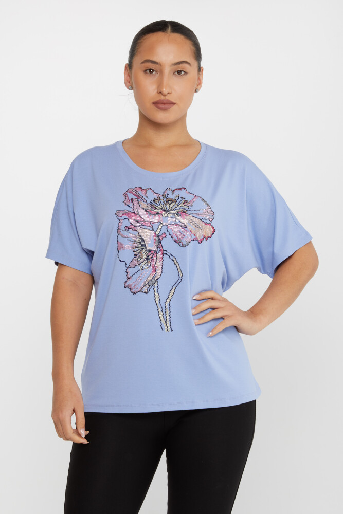 بلوزة مطرزة بأحجار ملونة باللون الأزرق - 79634 | كازي (مجموعة من 4 مقاسات M-L-XL-2XL) - 2