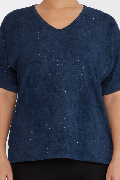 بلوزة مطرزة بالأحجار باللون الأزرق الداكن - 79985 | كازي (مجموعة من 3 مقاسات M-L-XL) - 3