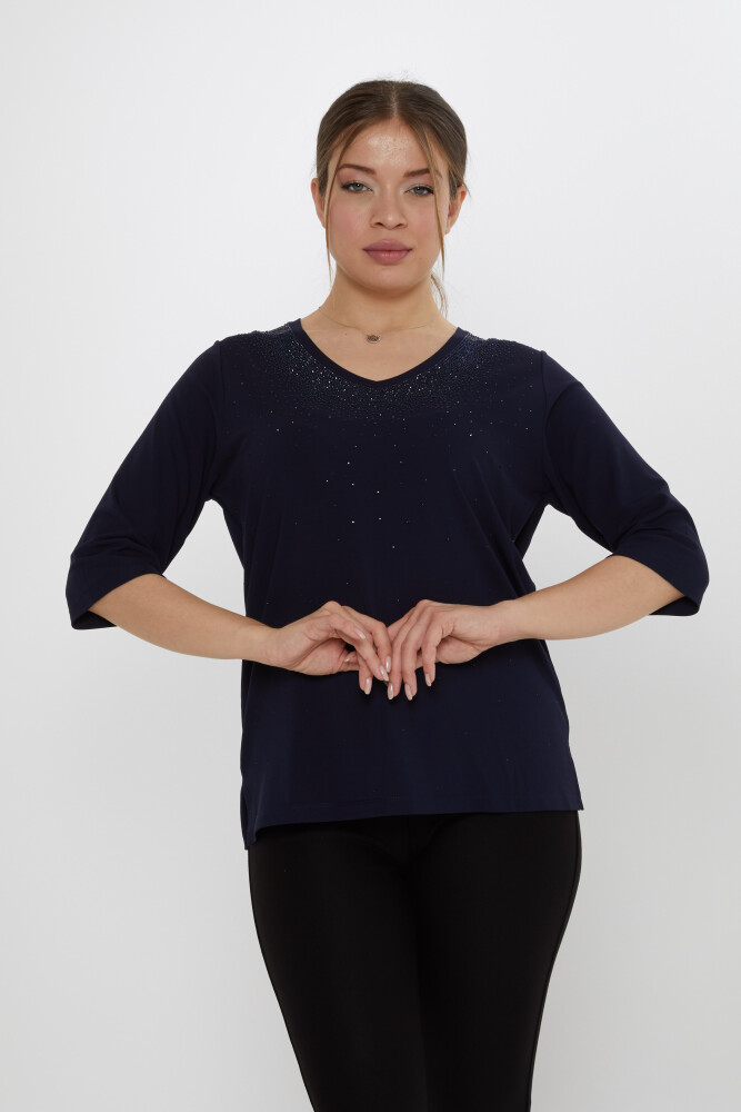 بلوزة مطرزة بالحجر باللون الأزرق الداكن - 80034 | كازي (مجموعة من 3 مقاسات M-L-XL) - 1