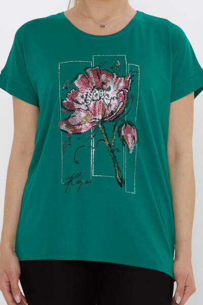 بلوزة مزينة بأحجار زهرية، لون أخضر - 79602 | كازي (مجموعة من 4 قطع: M-L-XL-2XL) - 3
