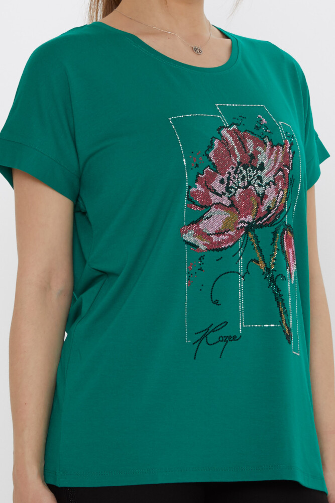 بلوزة مزينة بأحجار زهرية، لون أخضر - 79602 | كازي (مجموعة من 4 قطع: M-L-XL-2XL) - 4