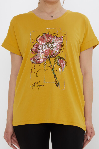 بلوزة مزينة بأحجار زهرية وزعفران - 79602 | كازي (مجموعة من 4 قطع بمقاسات M-L-XL-2XL) - 3