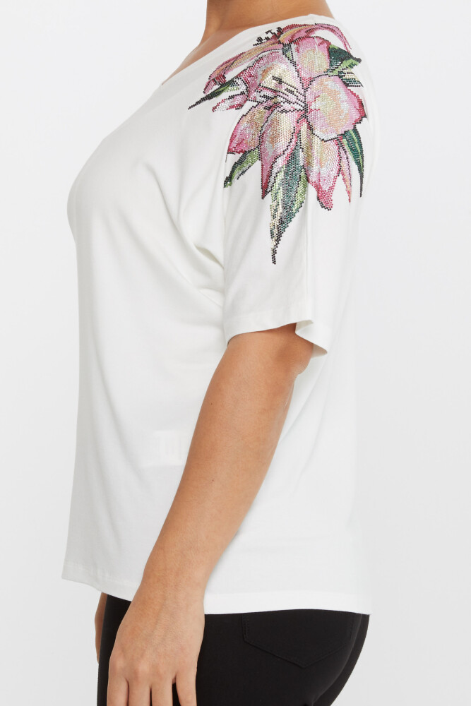 بلوزة مطرزة بحجر الزهور باللون البيج الفاتح - 79585 | كازي (مجموعة من 4 مقاسات M-L-XL-2XL) - 4