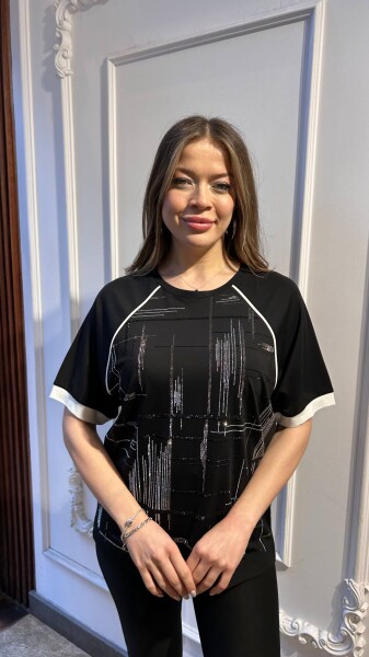 بلوزة - مزينة بالأحجار - أسود - 80181 | كازي (طقم من 3 قطع M-L-XL) - KAZEE