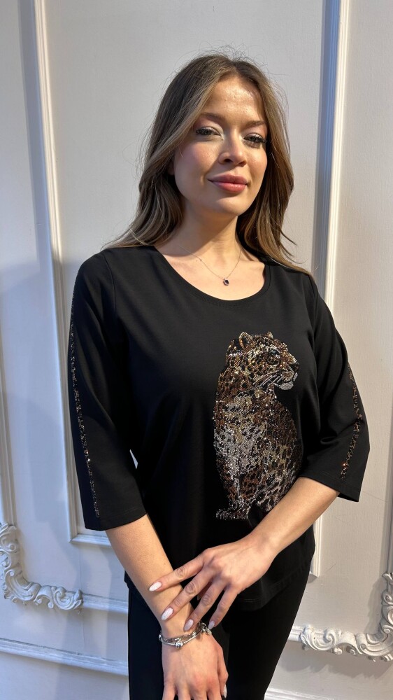 بلوزة - بتفاصيل جلد النمر - أسود - 80041 | كازي (طقم من 3 قطع L-XL-2XL) - 2