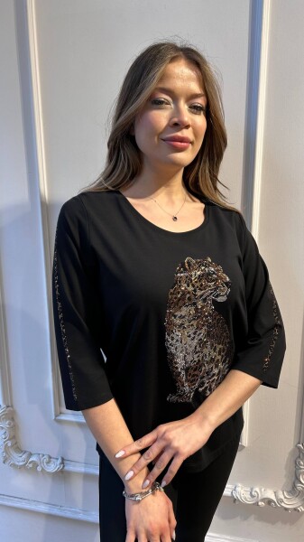 بلوزة - بتفاصيل جلد النمر - أسود - 80041 | كازي (طقم من 3 قطع L-XL-2XL) - 2