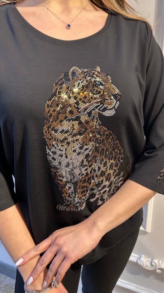بلوزة - بتفاصيل جلد النمر - أسود - 80041 | كازي (طقم من 3 قطع L-XL-2XL) - 3